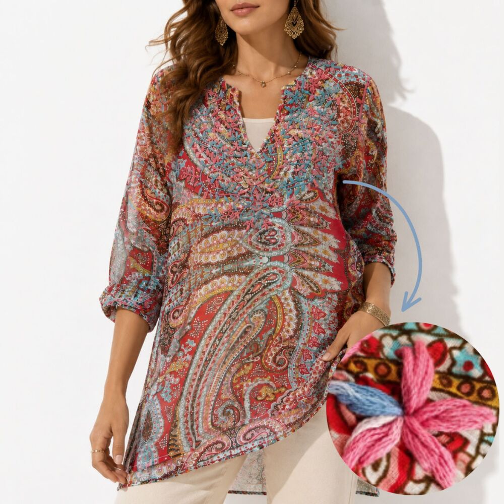 Raj India Embroidered Paisley Cotton Tunic XL Boho Hippie Artisan Top Semi-Sheer